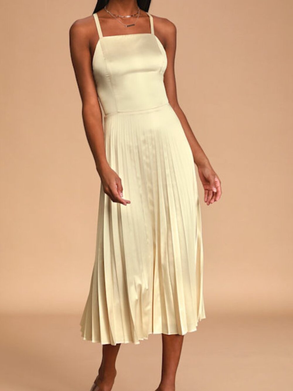 Lulus Give Us A Twirl Champagne Satin Pleated Midi Dress Beige - Size M